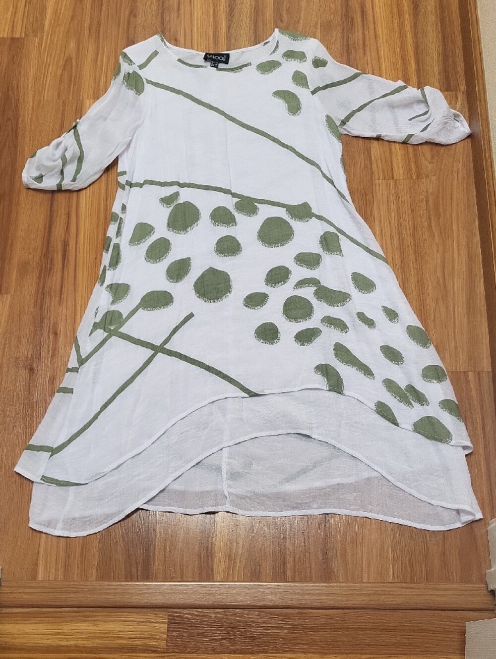White High-Low Dress with Olive Green Abstract Print